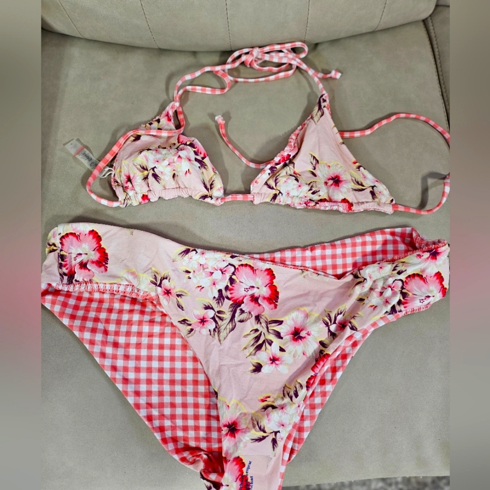 Reversible two piece bikini swimsuit floral punk stripes NWT Medium